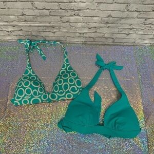 Victoria's Secret Lot of 2 Size XS Swim Tops Teal Solid Teal White Graphic